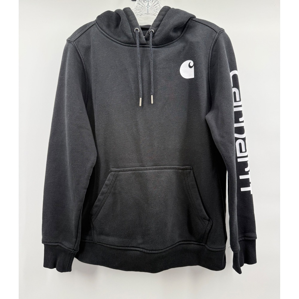 Carhartt Relaxed Fit Hoodie Black Sleeve Logo Graphic Sweatshirt Kids Medium